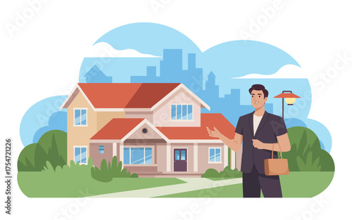 Real estate agent showcasing a charming suburban home with greenery and blue sky
