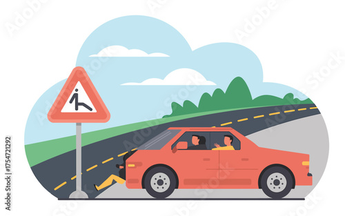 Road safety awareness driving careful near pedestrian crossing sign and car on road