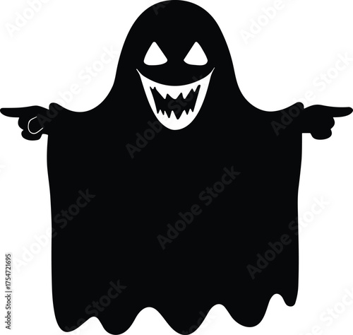 Halloween ghost silhouette, spooky cartoon spirit, creepy phantom figure, haunted night artwork, scary jagged mouth, horror design, dark fantasy, supernatural illustration
