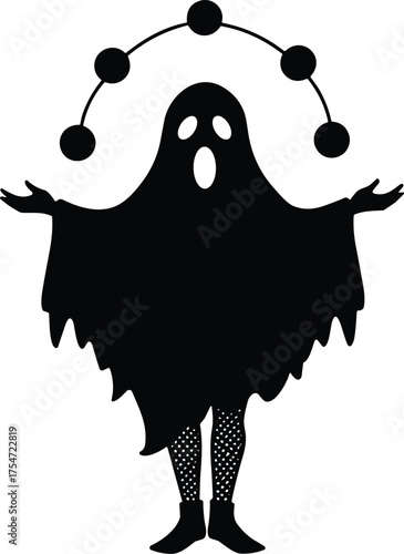 Halloween ghost silhouette, spooky cartoon spirit, creepy phantom figure, surreal science fusion, molecular design, horror artwork, supernatural fantasy, whimsical illustration