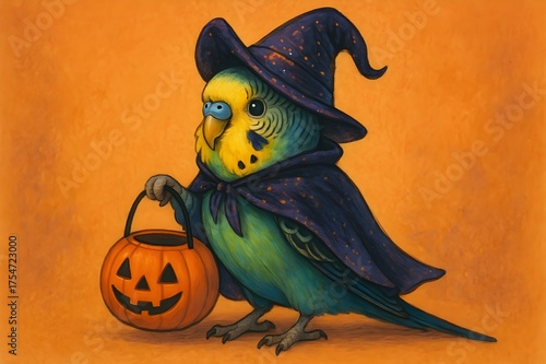 Whimsical Halloween Budgie in Witch Costume – Charming Bird with Pumpkin Basket