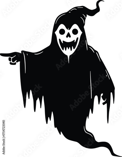 Halloween ghost silhouette, spooky hooded spirit, creepy phantom figure, haunted night illustration, scary tattered cloak, horror design, dark fantasy, supernatural artwork