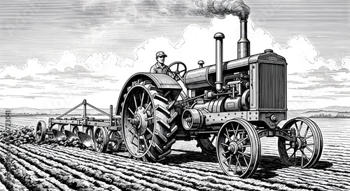 Vintage Tractor Illustration – Black & White Classic Farm Machinery Tilling the Land