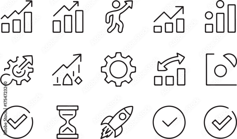 Fototapeta premium Business and Financial Success Vector Icons Set Growth Progress and Development Line Art Symbols for Presentation and Infographics