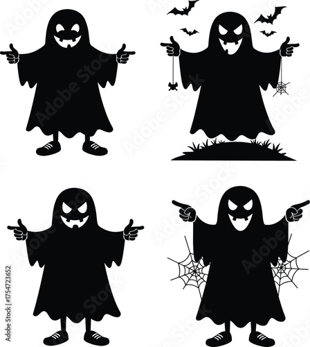 Halloween ghost silhouettes, spooky hooded figures, creepy cartoon ghouls, haunted night illustration, bats, spider webs, scary costumes, dark fantasy art