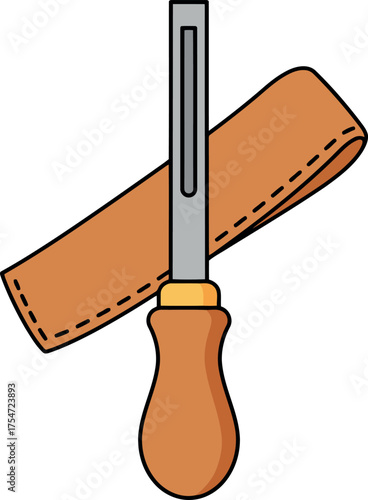 Sharp wood chisel tool with leather sheath for carpentry and craftsmanship vector