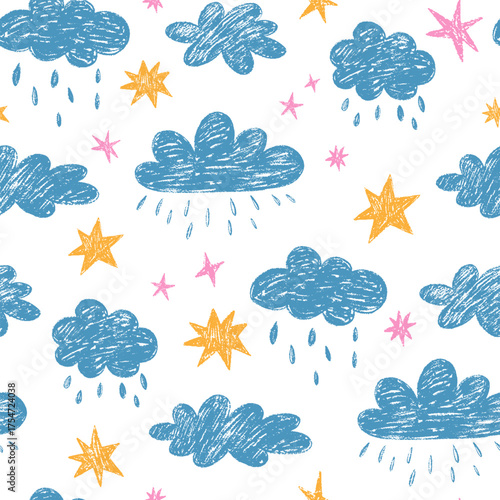 Crayon clouds and stars seamless pattern. Colorful kid's rainy sky background for fabric, textile, wallpaper, wrapping paper. Childish doodle naive style vector elements