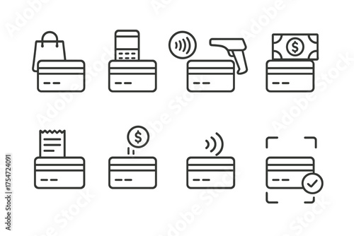 Set of black line icons depicting various credit and debit card transaction methods
