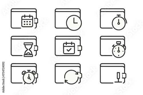 Set of minimalistic line-drawn scheduling and timing icons in black line style