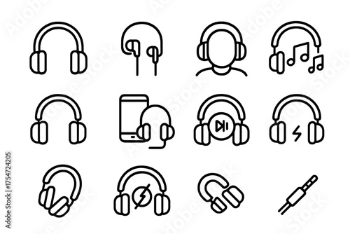 Set of 12 black and white line icons depicting headphones and audio devices