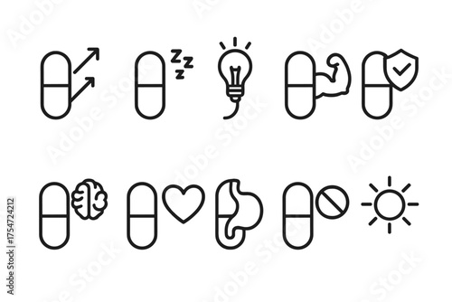 Set of black and white line icons depicting various pill concepts