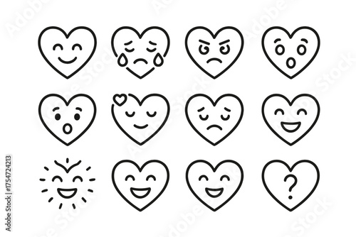 Set of heart outline emojis depicting various emotions on a grid