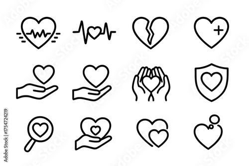 Set of minimalist black and white heart-themed line icons for health, care, and love concepts