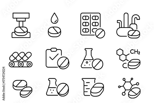Set of line art pharmaceutical and chemistry icons for educational materials