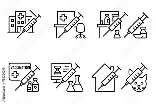 Set of black line icons depicting vaccination theme in minimalist style