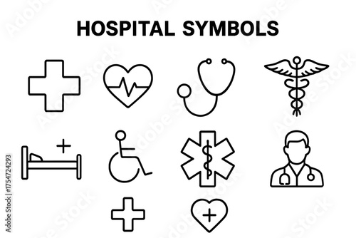Collection of black line icons of hospital symbols on white background