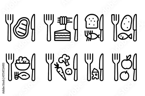 Set of black line drawings of food plates with fork and knife