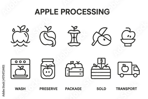 Set of black and white outline icons showing apple processing from washing to sale
