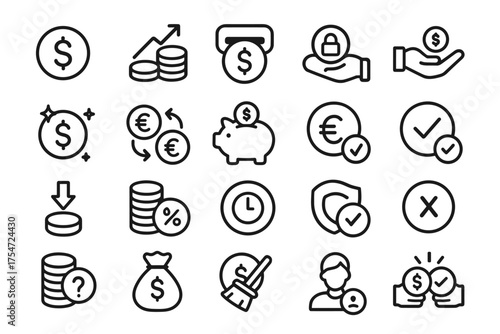 Collection of 20 finance line icons with dollar, Euro symbols, and financial concepts