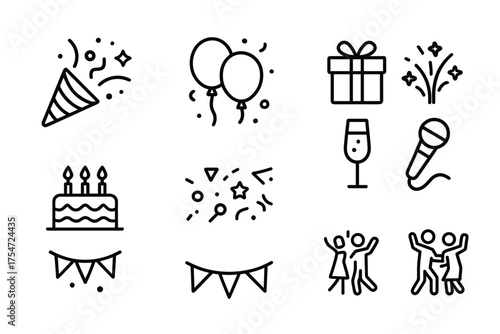 Set of black and white line icons for celebrations and parties