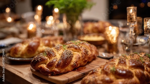 Freshly baked braided bread on wooden table with candles and elegant dining setup for celebration
