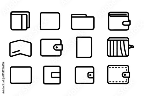 Set of black outline wallet icons in various styles and designs