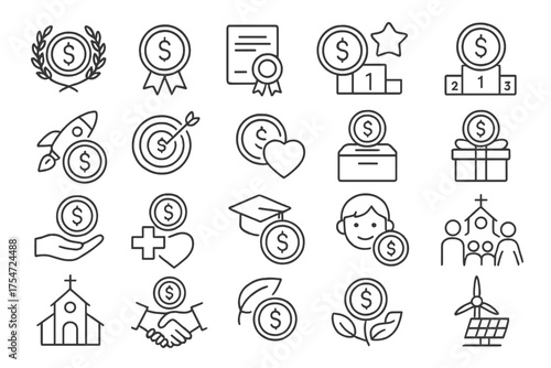 Set of line icons for finance and charity themes with dollar symbols and financial support