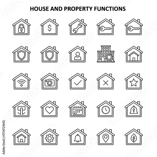 Grid of 24 outline icons depicting house and property functions