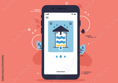 Smartphone displays a backup rain app icon. Modern, flat design illustration with water droplets and a stylized umbrella. Clean, bright background. Suitable for tech, weather, and app marketing.