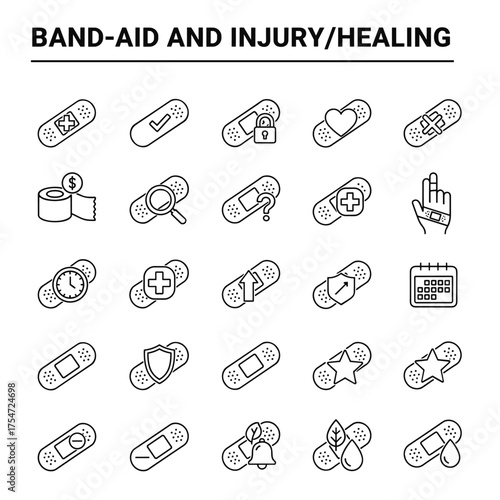 Set of black and white outline icons representing Band-Aid and Injury/Healing concepts
