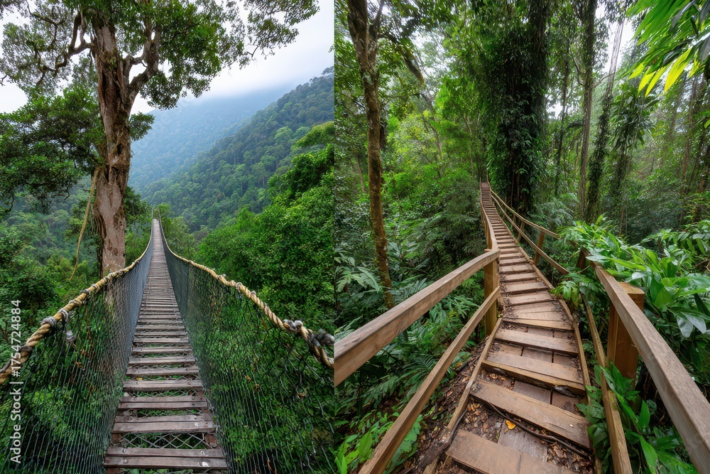 Fototapeta premium Two contrasting pathways to adventure: A suspension bridge over lush forest and wooden steps through dense jungle showcase nature's diverse beauty, ideal for exploring outdoors.