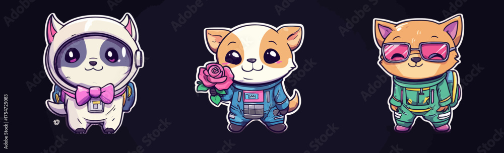 Fototapeta premium The style is a fusion of Y2k animals and robots with a futuristic retro cartoon aesthetic, featuring animal head mascots in a futuristic setting and cute cyber characters from the 90s in helmets