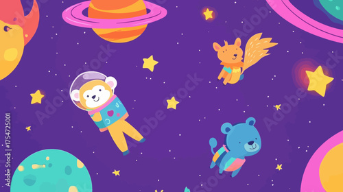 Cute animals dressed in space suits explore the galaxy, traveling through the cosmos in a rocket, surrounded by planets, stars, and spaceships, creating a fun cartoon pattern for kids