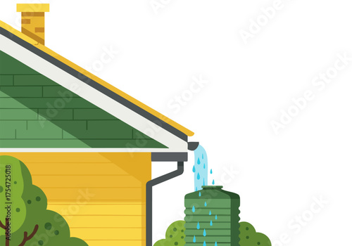 stylized illustration depicts rainwater flowing from a roof into a green rainwater tank It showcases a sustainable home design with a bright modern aesthetic