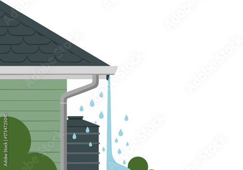 A stylized illustration depicts rainwater flowing from a roof into a rain barrel. Clean, modern design with a home setting. Ideal for sustainability and home improvement themes.