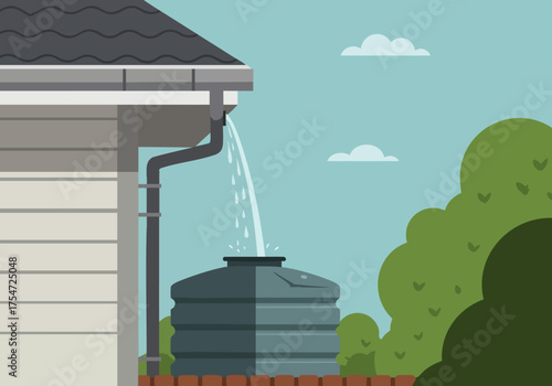 stylized illustration depicts rainwater flowing into a large water tank A modern home and lush greenery create a serene outdoor scene Perfect for sustainability and water conservation themes