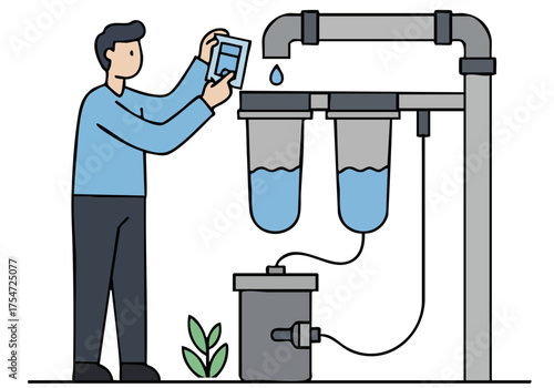 A technician troubleshoots a rainwater filtration system outdoors. Clear lines and a modern style illustrate water management. Professional setting.