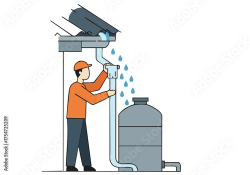 A worker checks gutters, directing water into a large storage tank. Clean, graphic illustration. Focus on efficiency and water management.