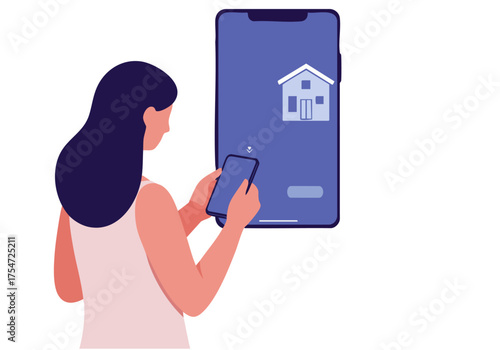 A woman uses a smartphone app to monitor rainwater storage. A modern illustration showcases a user interface with a house icon and water level indicators. Clean, digital design.