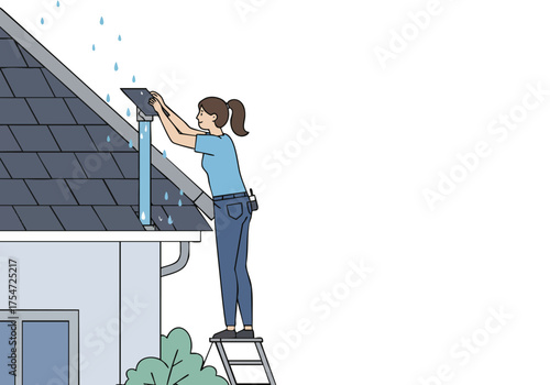 A woman repairs a roof, using a ladder. Raindrops fall, showcasing a modern home exterior. Clean, graphic illustration style.