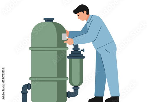 A worker inspects a pool filter, demonstrating maintenance. Clear, modern illustration. Suitable for commercial use.