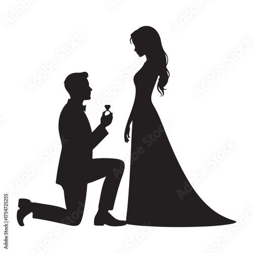 Silhouette of a man proposing to a woman with a ring isolated on white background love and marriage