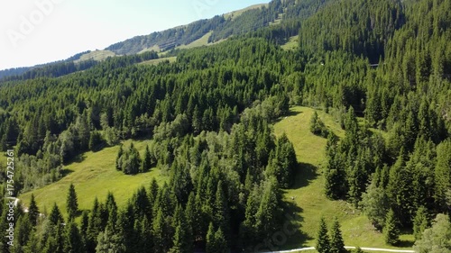 Majestic Aerial View of Lush Green Forests and Mountains in the Austrian Alps during Summer
