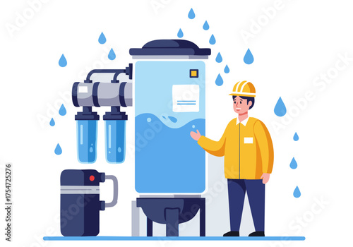 A worker monitors a water purification system outdoors during rainfall. A professional adjusts controls, showcasing a clean, modern setup. Clear composition, bright colors.