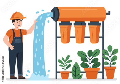 A worker waters plants with a drip irrigation system. A man in overalls directs water onto potted plants. Bright, cheerful illustration.