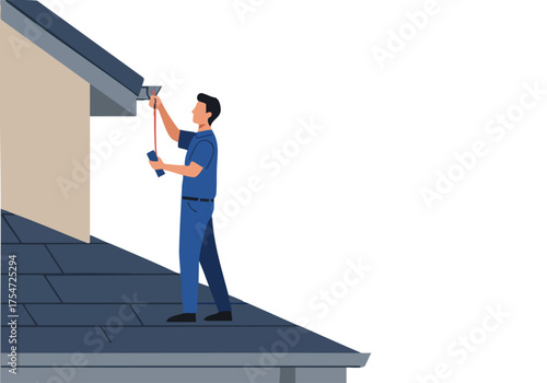 A worker inspects gutters with a measuring tape, ensuring proper drainage. Clear, professional illustration for home improvement projects.