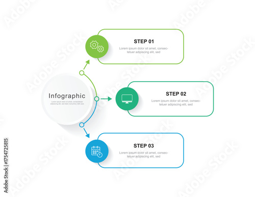 Business infographic template. 3 Step timeline journey. Process diagram, 3 options on white background