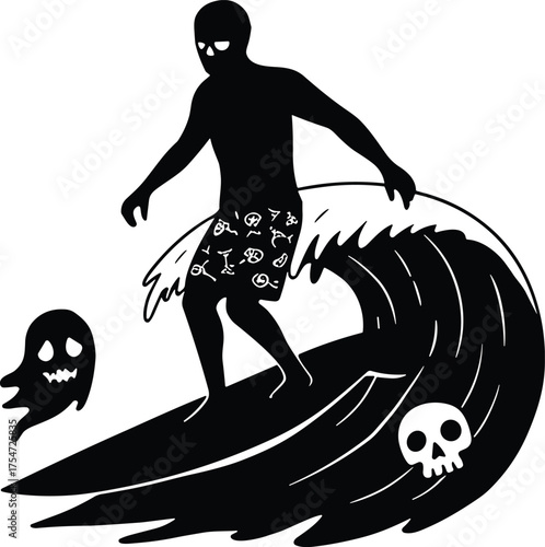 Halloween surfing silhouette, spooky ghost surfer, creepy skull wave artwork, haunted ocean design, scary phantom theme, horror fantasy, supernatural surfing, gothic illustration