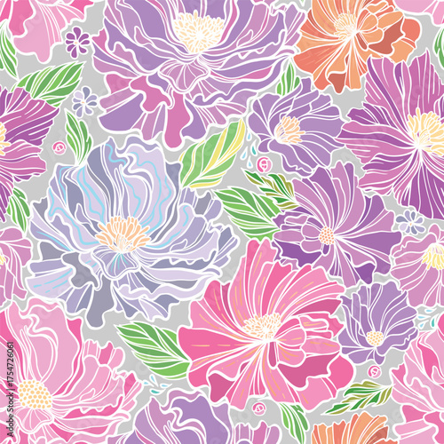 Bright seamless pattern with abstract flowers in fresh color palette. Endless...