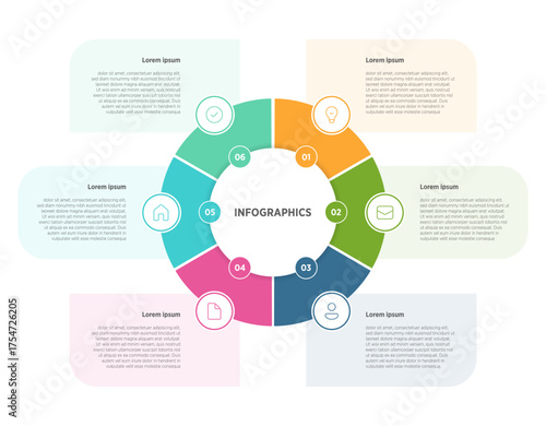 A vector-based, colorful infographic template featuring a 6-step rounded timeline interconnected by circular elements. This design includes versatile options and marketing icons